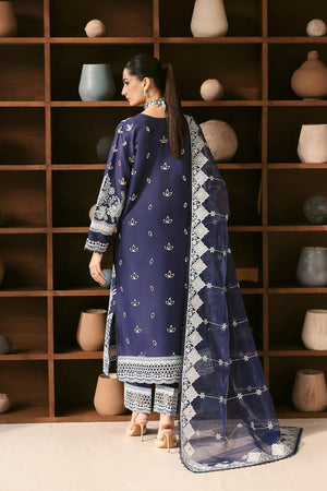 Woman in a blue traditional outfit with a patterned dupatta standing in front of a wooden shelf with decorative pots.