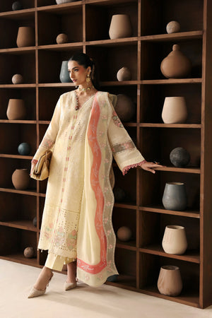 Woman in a traditional outfit standing in front of a wooden shelf with ceramic pots.