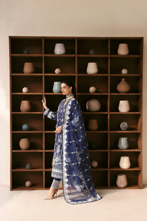 Woman in a blue and white patterned dress standing in front of a wooden shelf with ceramic pots.