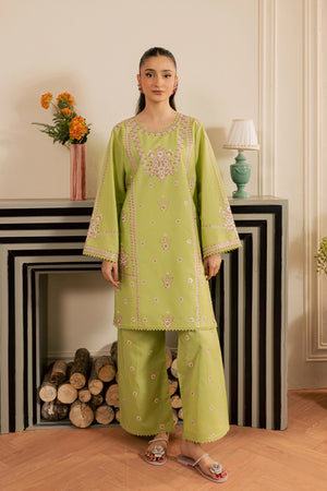 Woman wearing a light green traditional outfit with intricate patterns in a room with decorative elements.