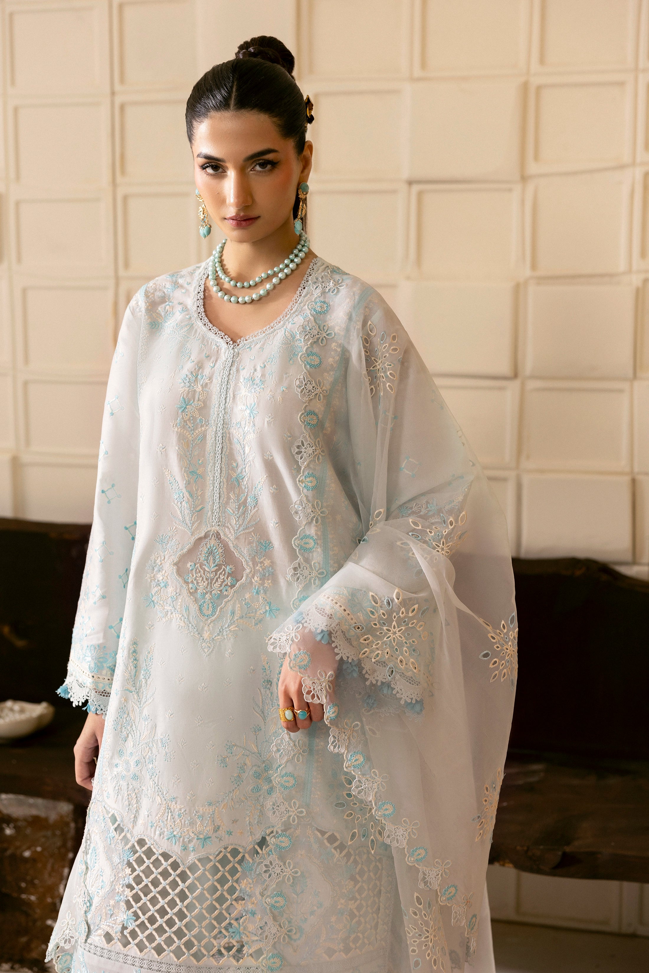 Woman wearing a light blue embroidered dress with a white background