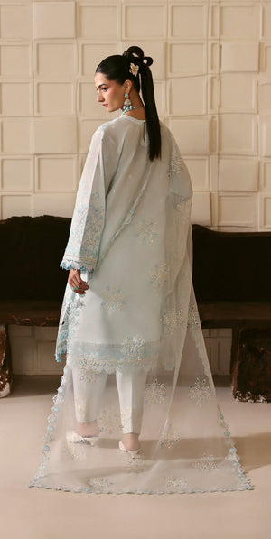 Woman in a light blue traditional outfit with a sheer dupatta in a room.