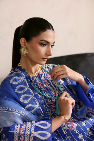 Woman in a blue embroidered outfit with jewelry against a neutral background